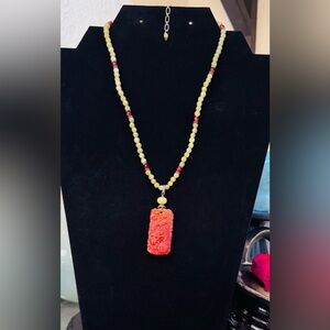 Red Jade Chinese Dragon and Yellow Beaded Necklace